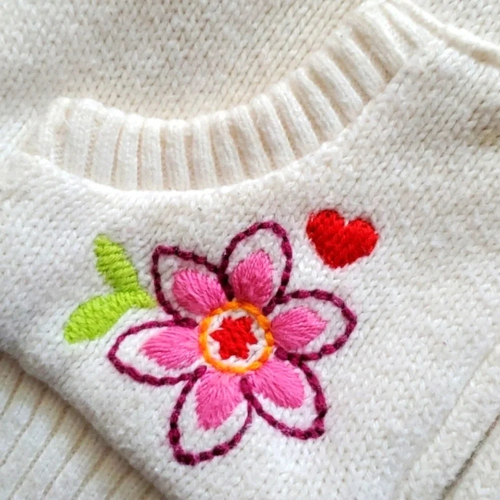 Children's Place Girls White Embroidered‎ Floral Sweater Zip Jacket 3-6M